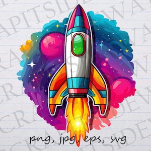 Rainbow rocket ship clip art clipart vector graphic svg png jpg eps, space ship, spaceship, space shuttle, colorful rocket ship