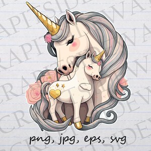 Mama and baby unicorn clipart vector graphic svg png jpg eps mom and baby mythical creature