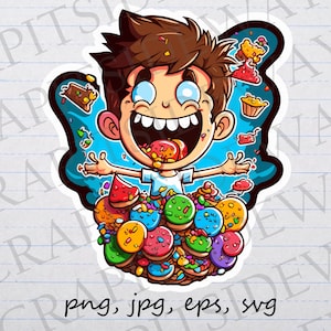 May include: A cartoon illustration of a boy with brown hair and blue eyes, wearing a white shirt, with his arms outstretched, surrounded by colorful donuts, sprinkles, and other sweets. The boy is smiling and has his tongue sticking out.