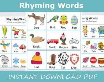 3 Page Rhyming words worksheet printable instant download educational Montessori homeschool find the rhyme Kindergarten preschool pre k