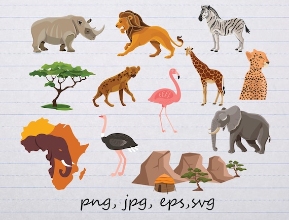 set of 12 African animals safari clipart vector graphics and elements svg png jpg eps lion hyena elephant rhino giraffe flamingo ostrich