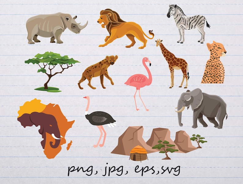 May include: A colorful illustration of various African animals, including a rhinoceros, lion, zebra, giraffe, flamingo, hyena, ostrich, elephant, and a cheetah. The illustration also includes a tree, a mountain range, and a hut.