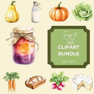 May include: Watercolor clipart bundle featuring farm-to-table elements. Includes a yellow gourd, a milk bottle, an orange pumpkin, a green cabbage, a jar of preserves, carrots, bread, radishes, and cheese. The text reads "Farm to Table Clipart Bundle, Set of 9."