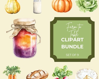 Farm to Table Watercolor Clipart Set | 9 PNG Food Graphics | Bread, Cheese, Milk, Vegetables, Jam | Rustic Kitchen Digital Download