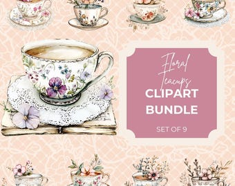 Floral Teetasse Clipart-Set | 9 PNG Aquarell Grafiken mit Spitze | Vintage Teeparty, Cottagecore, Shabby Chic digitaler Download