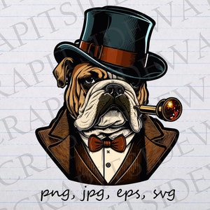Bulldog in a top hat clipart vector graphic svg png jpg eps sticker design t-shirt design dog smoking pipe smoking dog dapper dog in suit