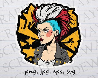 May include: A digital illustration of a punk rock woman with blue and red hair, wearing a black leather jacket with a white tank top underneath. The background is a yellow and black graphic design with stars.
