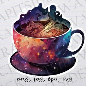 May include: A white coffee cup with a galaxy design and a swirling coffee-like pattern inside. The cup is on a white saucer with a galaxy design.
