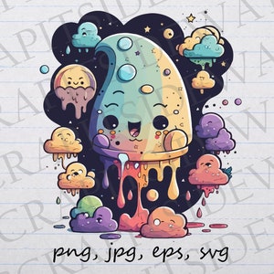 Psychedelische niedliche schmelzende Planeten Clipart Vektor Grafik svg png jpg eps Regenbogen bunt tshirt Design Weltraum