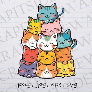 Niedliche Katzen Clip Art Clipart Vektorgrafik svg png jpg eps, süße Katzen, Katzenhaufen, Cartoon Katzen, Kawaii Katzen