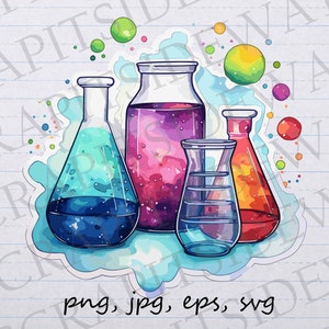Imágenes prediseñadas de escena de química de acuarela, imágenes prediseñadas vectoriales, gráficos svg, png, jpg, eps, vaso de precipitados, ciencia, cristalería, reacción química