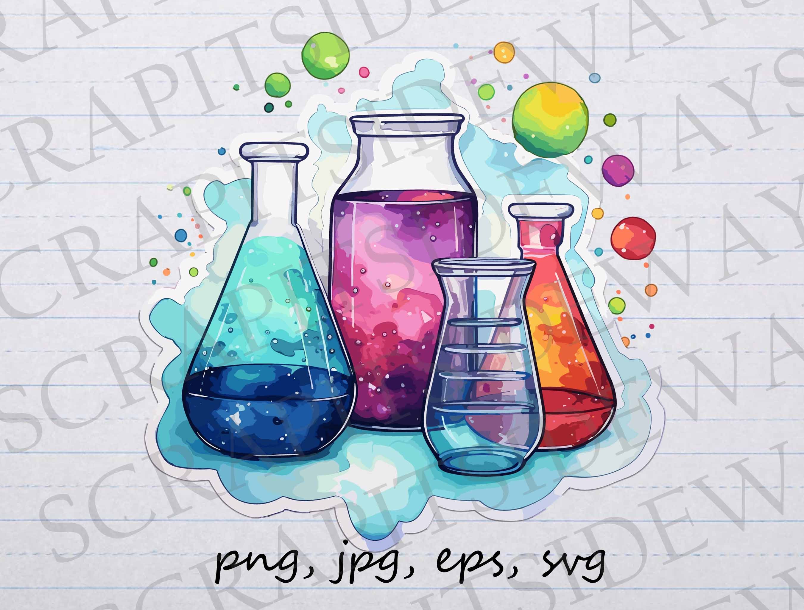Watercolor Chemistry scene clip art clipart vector graphic svg png jpg eps, beaker, science, glassware, chemical reaction
