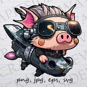 Steampunk pig clipart vector graphic svg png jpg eps cute farm animal rocket pig on a rocket