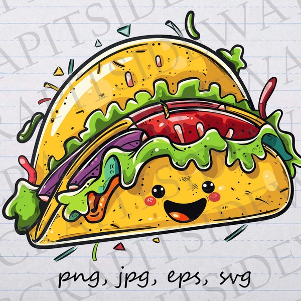 Cute taco clip art clipart vector graphic svg png jpg eps food, kawaii taco, happy taco, Mexican taco