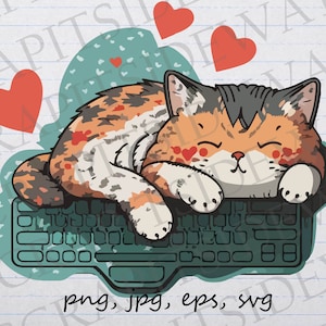 May include: A cartoon illustration of a calico cat sleeping on a computer keyboard. The cat is surrounded by red hearts.