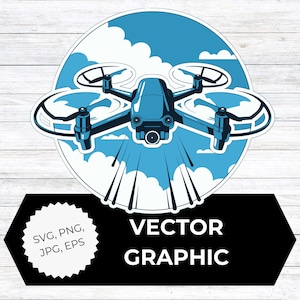 Puede incluir: Gráfico vectorial azul y blanco de un dron con cuatro hélices, sobre un fondo de cielo nublado. La imagen incluye el texto "VECTOR GRAPHIC" y opciones de tipo de archivo: SVG, PNG, JPG, EPS.