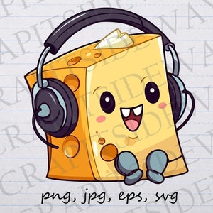 Cheese wearing headphones clipart vector graphic svg png jpg eps funny food funny cheese musical cheese music cheese