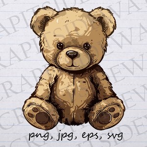 Può includere: Un orsacchiotto di peluche marrone con un aspetto vissuto, seduto con le zampe davanti a sé. L'orso ha un naso marrone chiaro e occhi neri.
