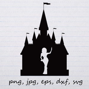 May include: Black silhouette of a castle with a woman standing in the doorway. The castle has multiple towers and flags.