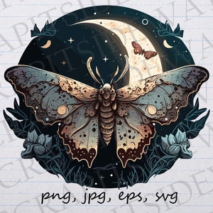 Motte und Mond Clip Art Clipart Vektorgrafik svg png jpg eps Vintage Motte, Motte Grafik, Motte Design, himmlische Motte, Nachtmotte