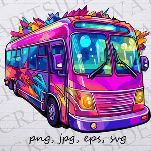 Party bus clipart clipart vectoriel svg png jpg eps, entraîneur de fête, bus coloré, bus amusant, bus funky, bus arc-en-ciel
