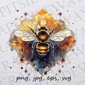 May include: A digital illustration of a bee with a honeycomb pattern in the background. The bee is yellow and black with a watercolor effect. The honeycomb pattern is gold and black with a watercolor effect.