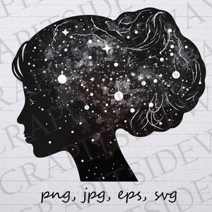 Mujer celestial silueta clipart vector gráfico svg png jpg eps diseño de camiseta diseño de pegatina mujer estrellada cielo nocturno silueta