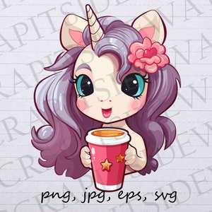 Może przedstawiać: Kreskówkowy jednorożec z fioletowymi włosami i różowym kwiatem we włosach trzyma czerwony kubek z białymi gwiazdami. Jednorożec uśmiecha się i ma duże niebieskie oczy.