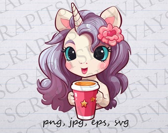 Unicorn drinking coffee clip art clipart vector graphic svg png jpg eps, cute unicorn, unicorn coffee