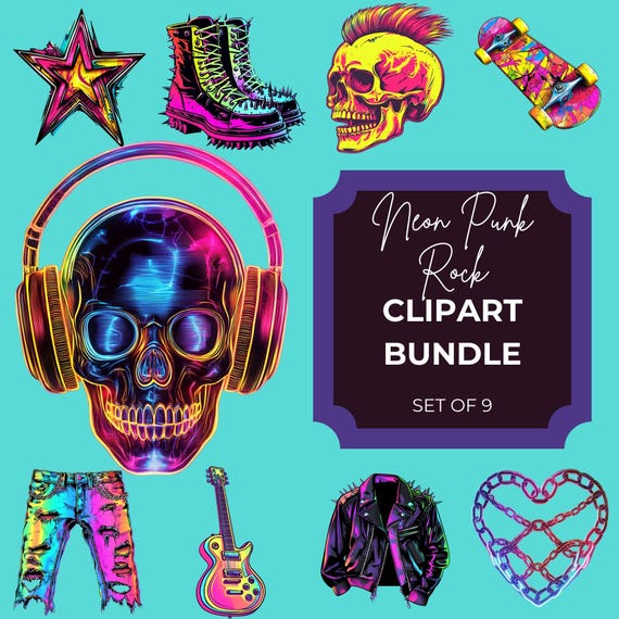 Neon Punk Rock Clipart Set of 9 PNG Images | Skull, Studded Boots