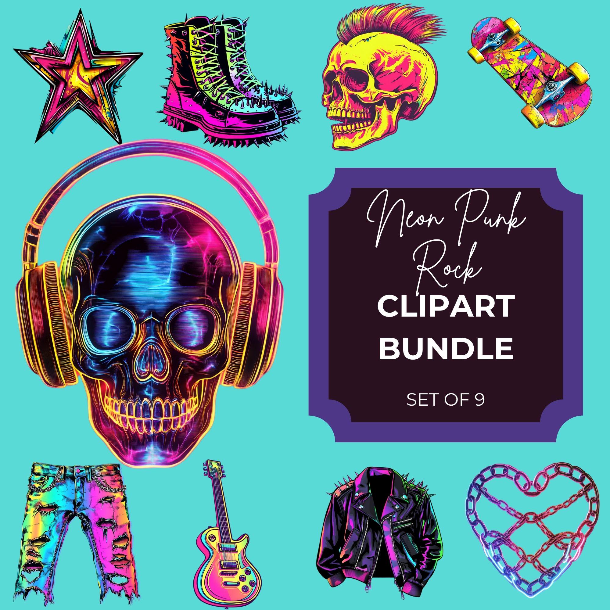 Neon Punk Rock Clipart Set of 9 PNG Images | Skull, Studded