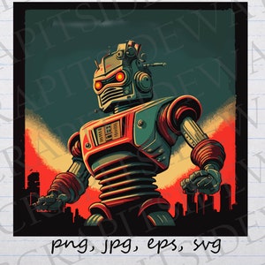 Retro Robot clipart vector graphic svg png jpg eps vintage robot in city
