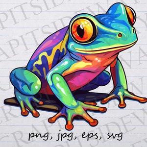 Puede incluir: Ilustración vibrante de una rana con un diseño colorido. La rana tiene una cabeza azul, cuerpo verde y ojos naranjas. La imagen incluye el texto "png, jpg, eps, svg".