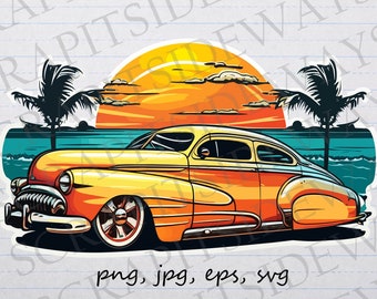 Vintage car on beach clipart vector graphic svg png jpg eps retro lead sled