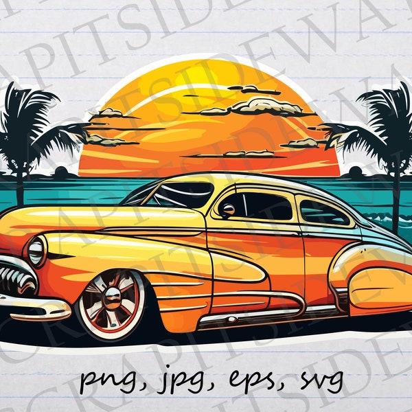 Vintage car on beach clipart vector graphic svg png jpg eps retro lead sled