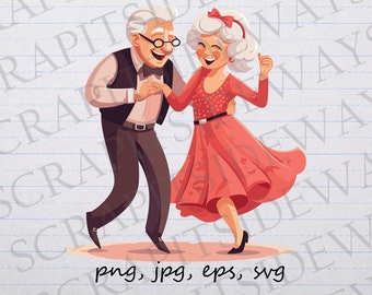 Cute old couple dancing clipart vector graphic svg png jpg eps grandpa elderly couple grandma t-shirt design sticker design
