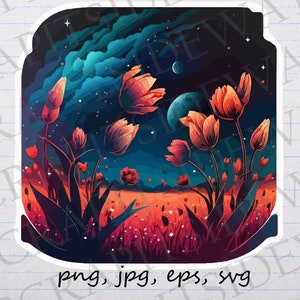 Tulip field with sky of galaxies clipart vector graphic svg png jpg eps galaxy tulip celestial cosmic sky