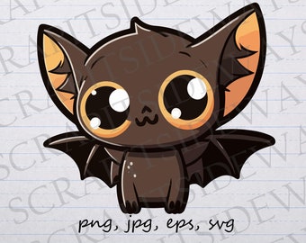 May include: A cartoon illustration of a cute brown bat with large, round eyes and orange ears. The bat has a friendly expression and is shown with its wings spread out.