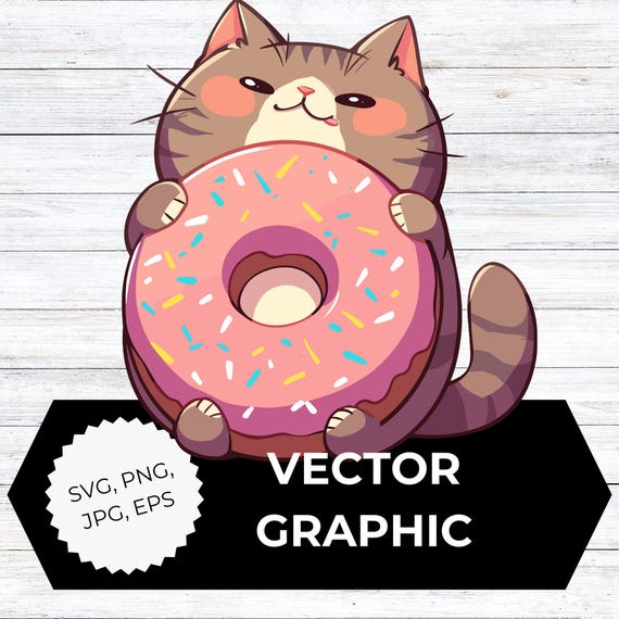 巨大ドーナツを持ったかわいいアニメ猫のクリップアート | かわいい