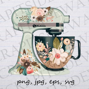 May include: A teal stand mixer with a floral design. The mixer has a white bowl with a floral design. The bowl has a handle.