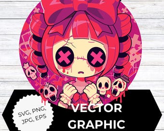 Creepy Kawaii Horror Doll Clipart | Cute Scary Doll SVG, PNG, eps, jpeg | Spooky Pastel Goth Graphic for Halloween, Stickers, Digital Art