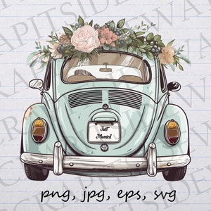 Just married car clip art clipart vector graphic svg png jpg eps, wedding car, wedding get away, just married, marriage car