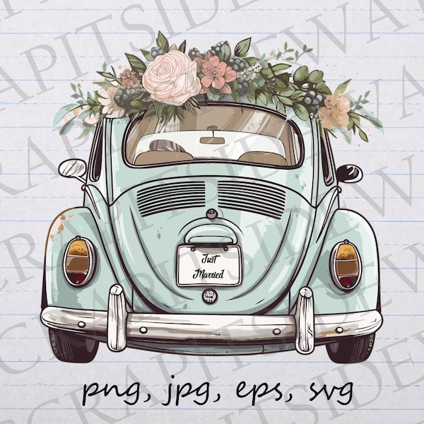 Gerade verheiratet Auto Clip Art Clipart Vektor Grafik svg png jpg eps, Hochzeitsauto, Hochzeit weg, frisch verheiratet, Eheauto