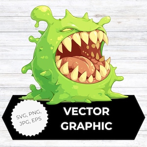 May include: A green cartoon monster with sharp teeth and an open mouth. The monster has a spiky exterior and a long tongue. The image includes the text "VECTOR GRAPHIC" on a black banner, along with file type options.