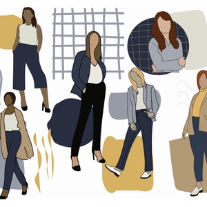 Puede incluir: Ilustración de seis mujeres con diferentes atuendos, incluyendo un top blanco sin mangas y pantalones anchos, una chaqueta azul y pantalones negros, una chaqueta azul claro y jeans azules, una chaqueta gris y jeans azules, un suéter amarillo y jeans azules, y una camisa azul con estampado a cuadros. La ilustración está sobre un fondo de formas y patrones abstractos.