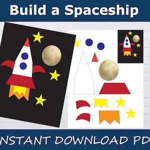 May include: Printable craft activity for kids to build a spaceship. The printable includes a rocket ship, a moon, and stars. The rocket ship is red, white, and blue. The moon is beige. The stars are yellow.