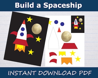Build a spaceship kids printable craft instant download activity page cut and paste scissor skills space ship outer space moon stars