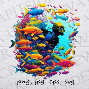 Colorful scuba diver clipart vector graphic svg png jpg eps pretty fish