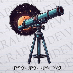 Telescoop en maan glinsterende clip art clipart vectorafbeelding svg png jpg eps, sterrenwaarneming, sterrenkijken, verkenning van de nachtelijke hemel, sterrenkijker