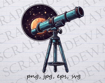 Telescoop en maan glinsterende clip art clipart vectorafbeelding svg png jpg eps, sterrenwaarneming, sterrenkijken, verkenning van de nachtelijke hemel, sterrenkijker